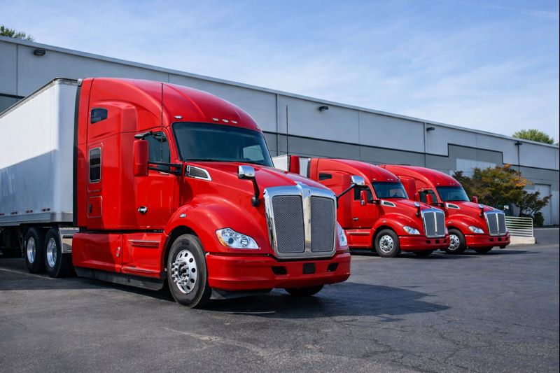 Red semi trucks parked in a fleet lineup outside a commercial warehouse on an asphalt lot