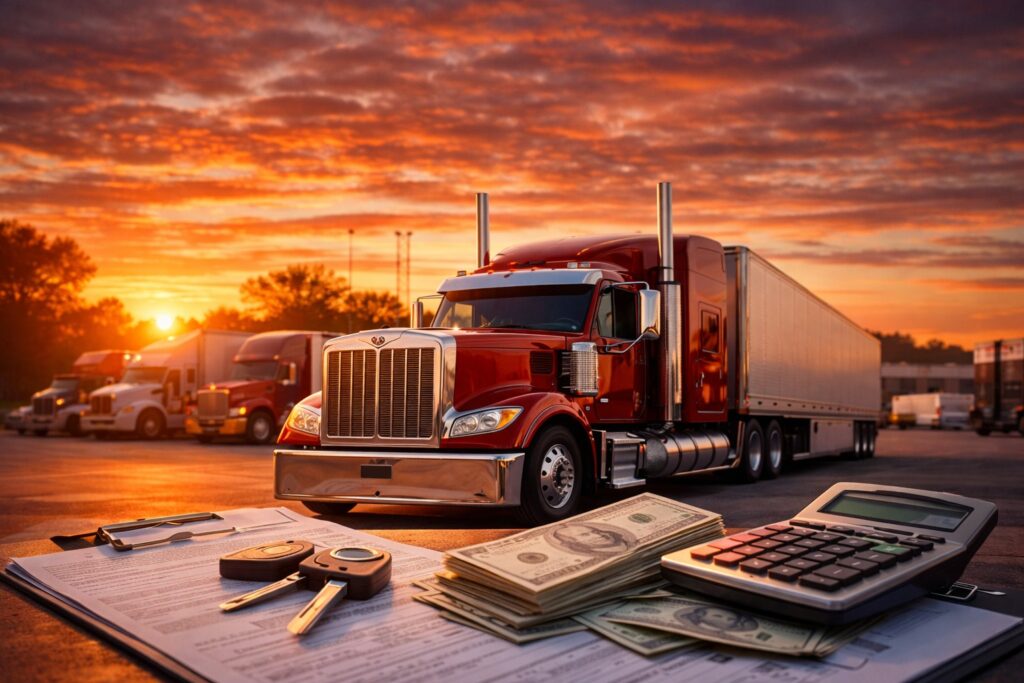 Red semi truck at a truck stop during sunset with financing documents, cash, keys, and calculator in the foreground