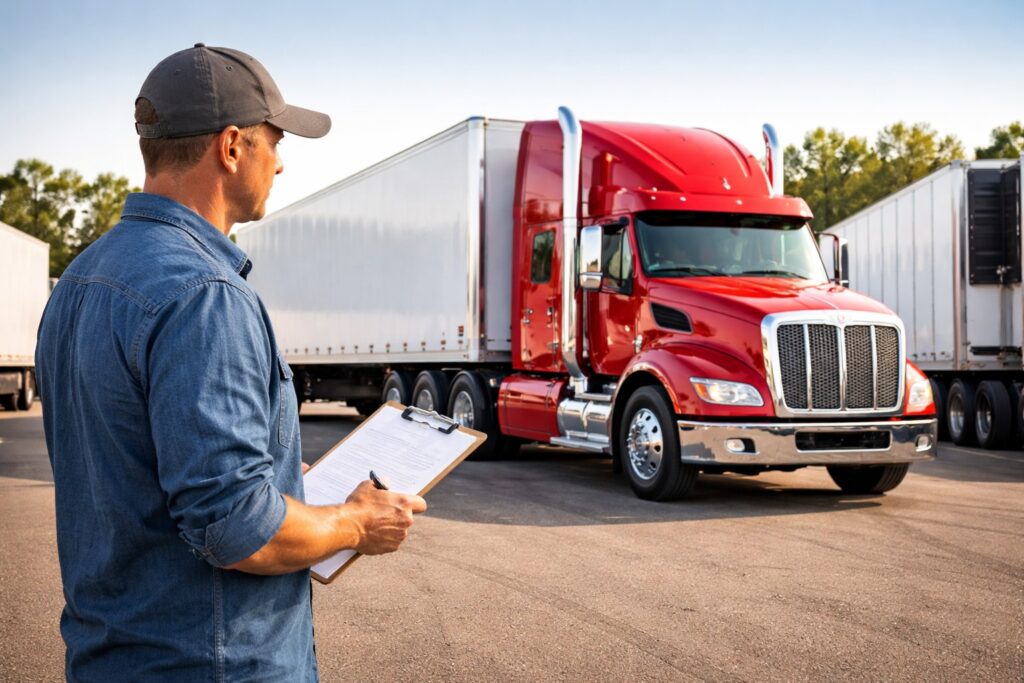 Small business owner comparing trailer financing options at a trailer dealership