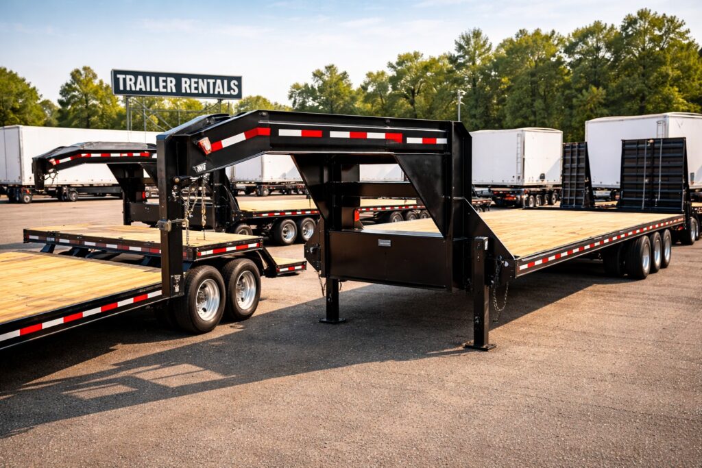 Gooseneck trailer rental lot with heavy duty flatbed trailers for price and quality comparison