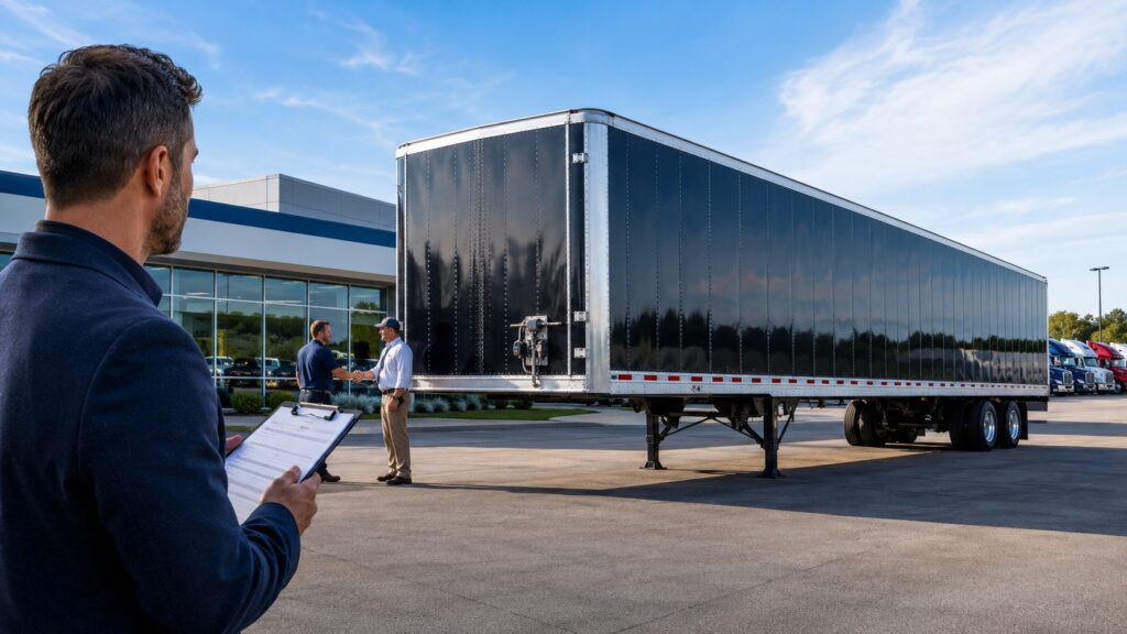 Business owner reviewing trailer financing paperwork near a semi trailer at a commercial truck dealership.