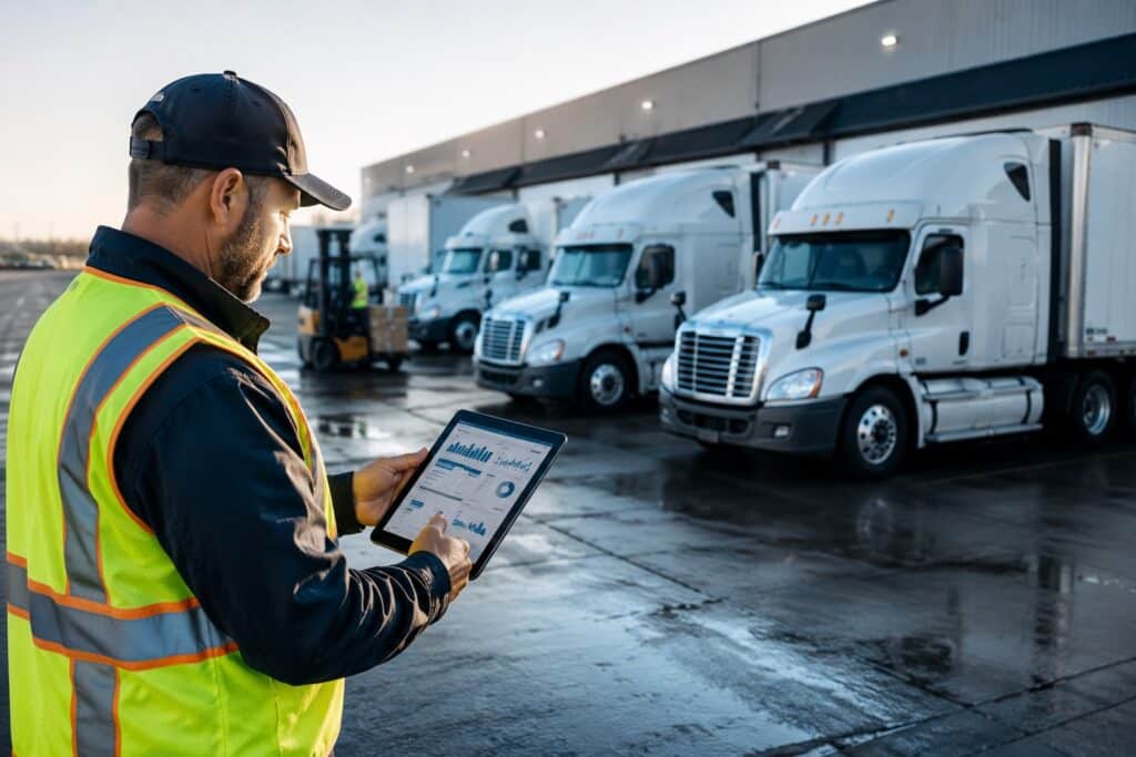 Fleet manager reviewing trucking and leasing data at a national distribution center with semi trucks at loading docks