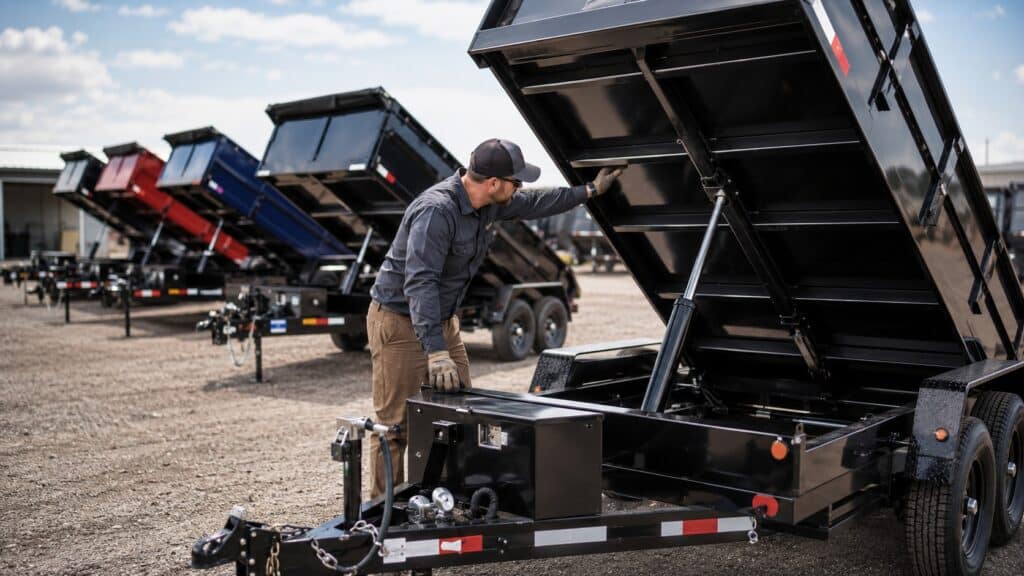 Contractor inspecting a heavy-duty dump trailer hydraulic system at a trailer dealership