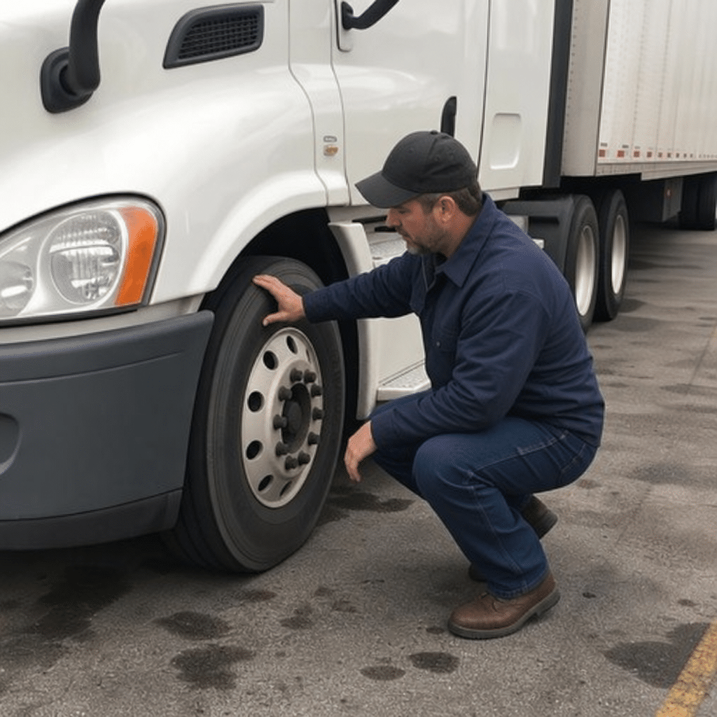 truck driver inspecting tires before a route