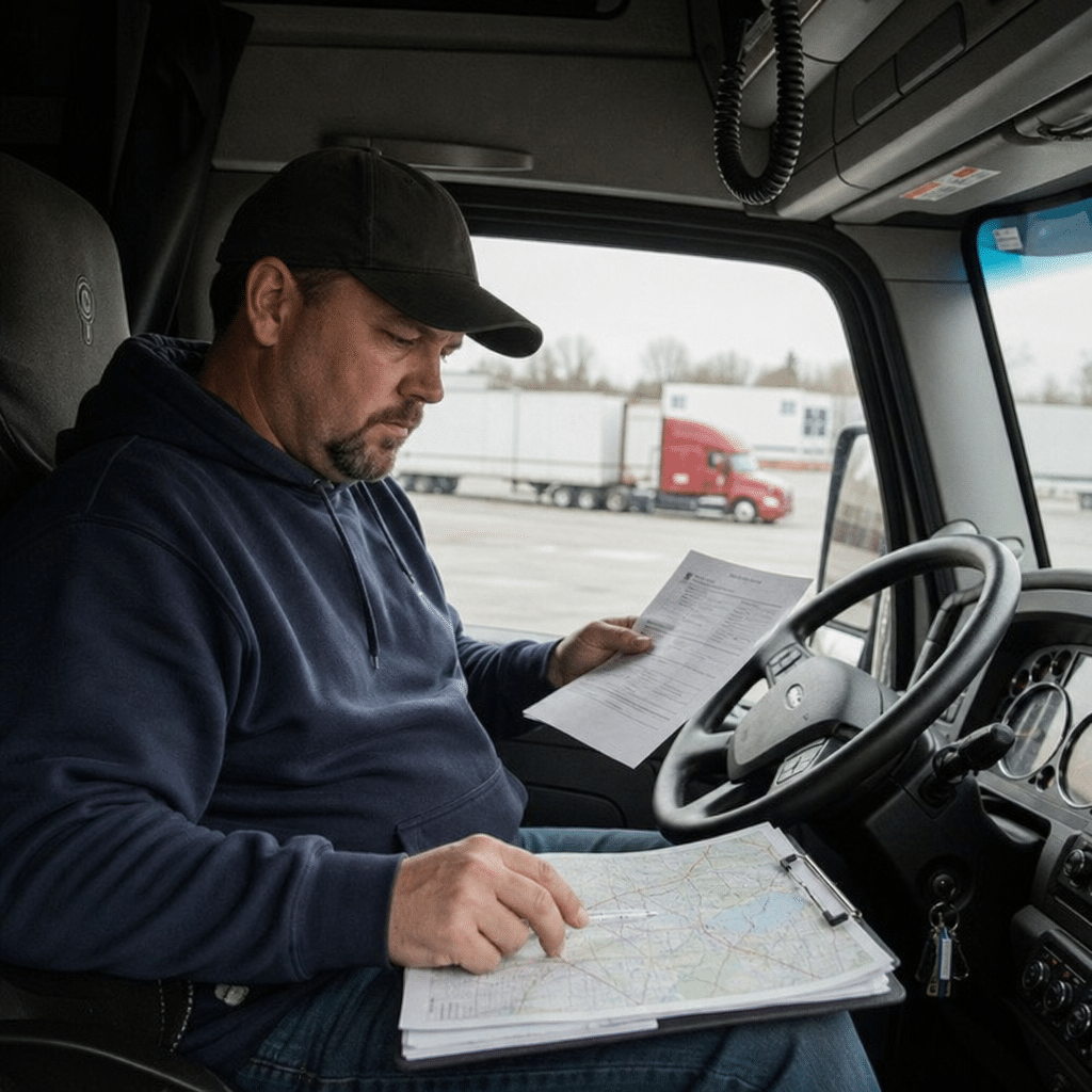 truck driver reviewing route and paperwork in cab