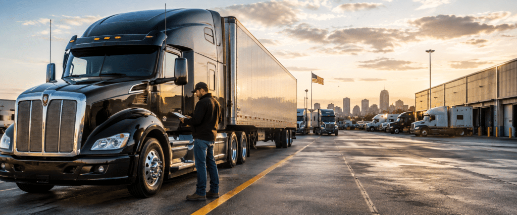 Owner-operator inspecting a semi truck at a U.S. trucking yard while preparing to launch a trucking business.