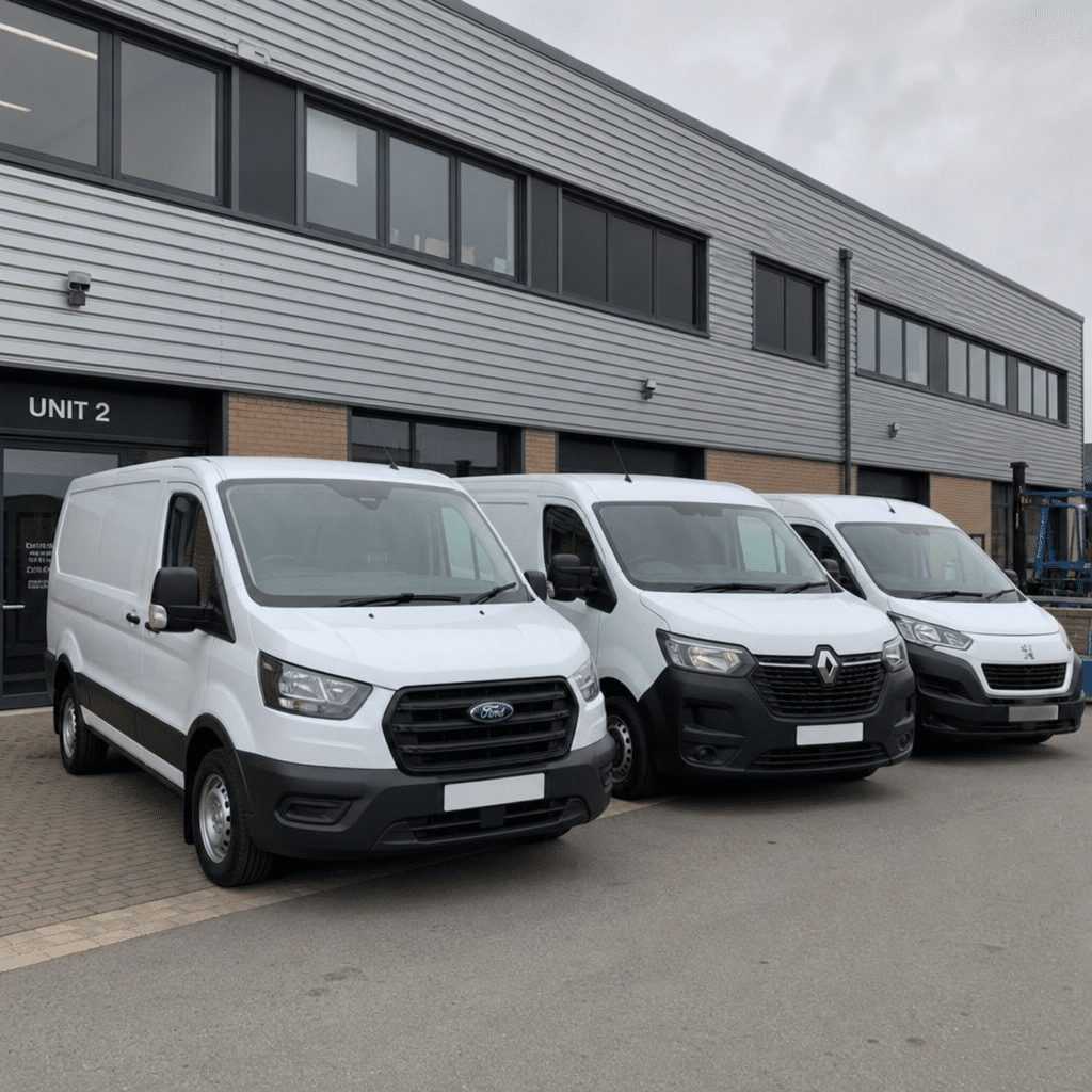 modern commercial vans parked outside a business