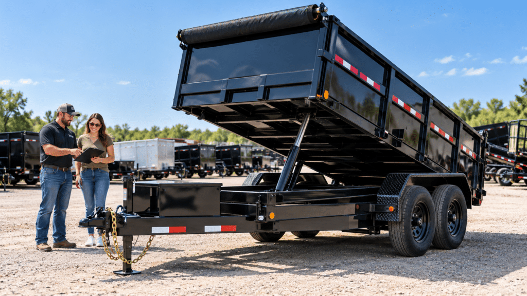 Black tandem-axle dump trailer with raised hydraulic bed at a dealership as a customer explores rent-to-own options.
